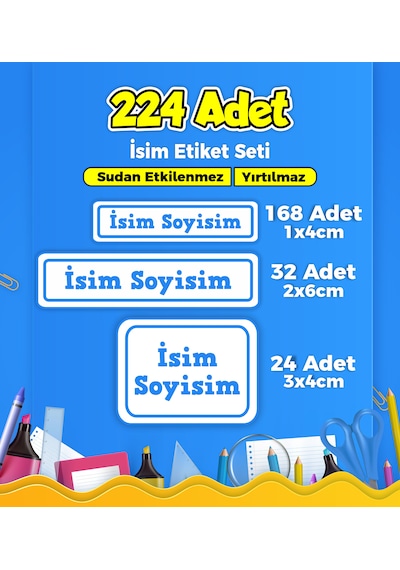 Mavi Renkli Okul Kreş Kişiye Özel İsim Etiket Seti - Model 36 Çok Renkli