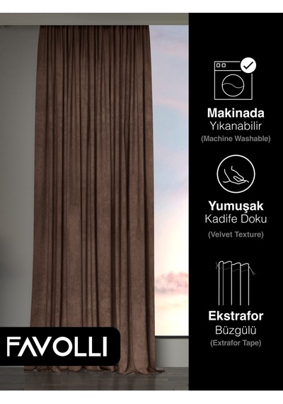 Kadife Dokulu Kaşmir Rengi Ada Fon Perde Ekstrafor Büzgülü Dream Series Kaşmir