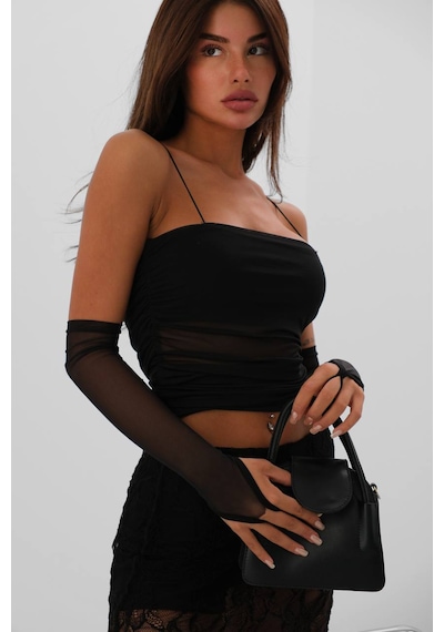 Vuvutasarım Yeni Sezon Kolluk Detaylı Askılı Kadın Tül Bluz 24s15025 Siyah