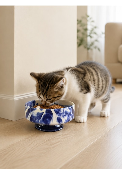Mama Kabı Kedi Ve Köpek 1 Adet Doğal Mama Veya Su Kabı Lacivert Marble