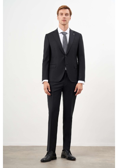 Morven Erkek Siyah Yünlü Platinium Düz Desen Slim Fit Mono Yaka Takım Elbise 24mc001134001 Siyah