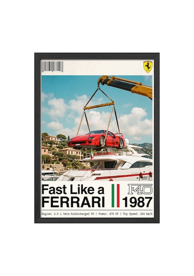 Ferrari F40 Siyah Ahşap Çerçeveli Poster, Dekoratif Araba Duvar Tablosu