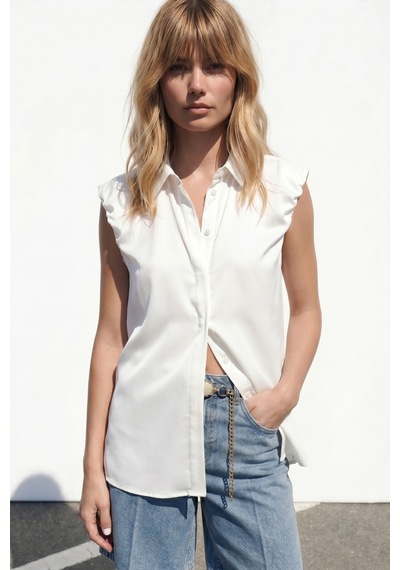 Sateen Kol Detaylı Gömlek - Ekru-137579