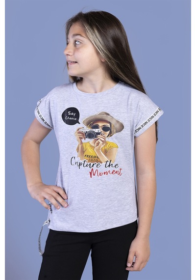 Toontoy Kids Toontoy Kız Çocuk Şerit Detaylı Baskılı Tişört Gri Melanj