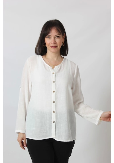Moda Berray Bb-0269 Keten Kolu Apoletli Sıfır Yaka Büyük Beden Beyaz Gömlek Beyaz