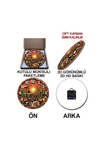 Sessiz Yuvarlak Ahşap Duvar Saati, Kuvars Hareketli 2d Güneş Ve Doğa Desen Sdw010 Renkli