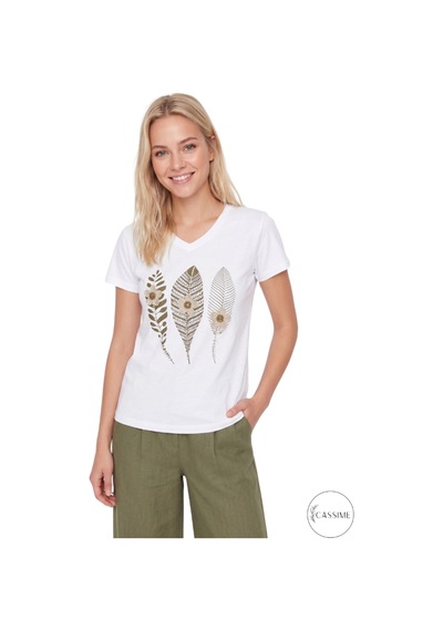 Cassime Kadın Siyah %100 Pamuk Regular/normal Kalıp Çiçek Nakışlı Örme T-shirt Beyaz