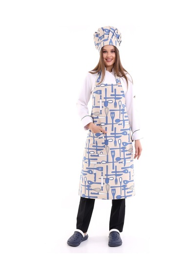 Beyaz Merdane Desenli - Askılı Aşçı Ve Mutfak Önlüğü-Standart-Tek Parça