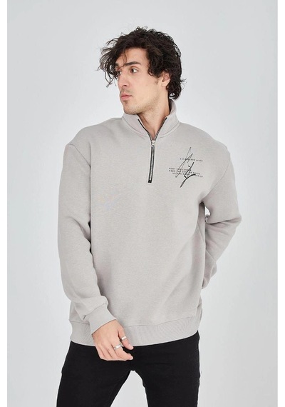 Erkek Yarım Fermuarlı Baskılı 3 İplik Pamuklu Sweatshirt - Boyalı Gri