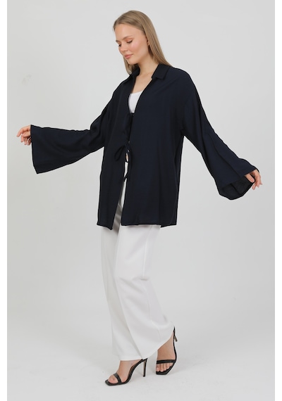 Doğal Viskon Kumaş Cepli Bağcıklı Kadın Kimono 1167 Hafif, Dökümlü, Akışkan, Yazlık Model Lacivert
