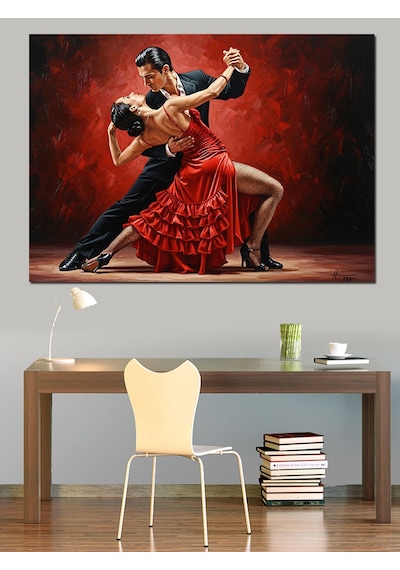 Kırmızı Ve Aşk Temalı Tango Yapan Tutkulu Çift Dekoratif Kanvas - Mdf Ahşap Tablo