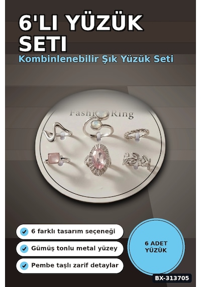 Pirinç 6'li Yuzuk Seti 7-8 Numara Gumus Renk Bijuteri Bileklik Hediyelik Paket Bx-313705 Çok Renkli