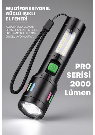 2000 Lümen Şarjlı El Feneri 6 Mod Metal Kasa Zoom Özellikli Geniş Dar Açı Type-c Şarj Girişli Suya Dayanıklı