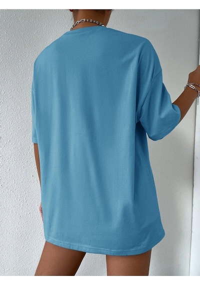 Flood Of Style Kadın Çizgili Figür Oversize Indigo T-shirt Mavi