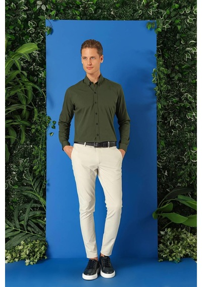 Efor Slim Fit Düğmeli Yaka Pamuklu Klasik Haki Gömlek Gk 715 Haki