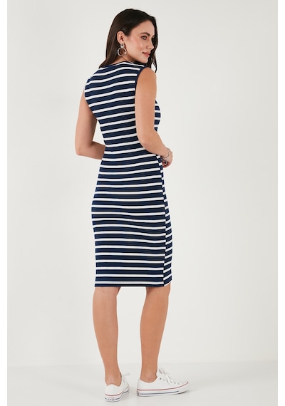 Lela Pamuklu Slim Fit Bisiklet Yaka Çizgili Bayan Elbise 5866168 Indigo-Beyaz