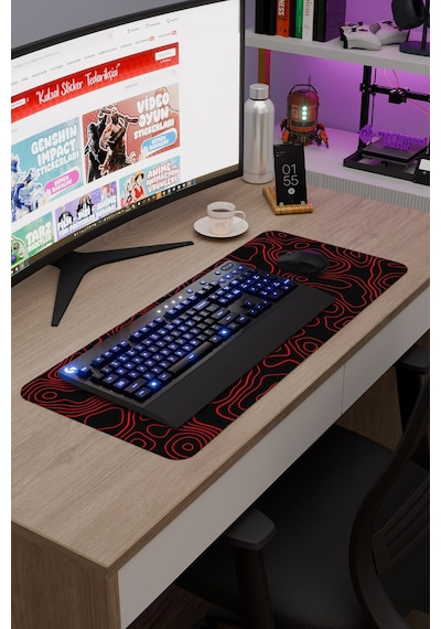 Kırmızı Siyah 70x30 Xl Taraftar Gaming Oyuncu Mouse Pad Kaymaz Taban Büyük Fare Altlığı Topography