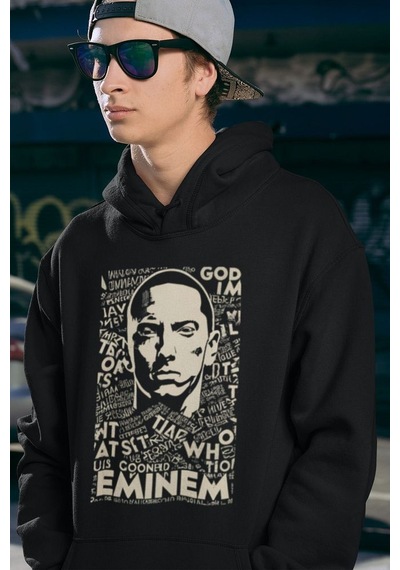 Sevbano Eminem Rapper Baskılı Unisex Oversize Hoodie Siyah