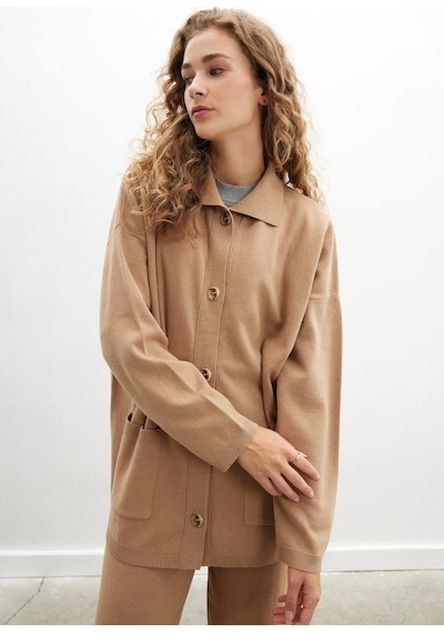Peraluna Denise Cardigan Polo Yaka Geniş Kesim Pamuk - Yün Kadın Triko Hırka - Camel
