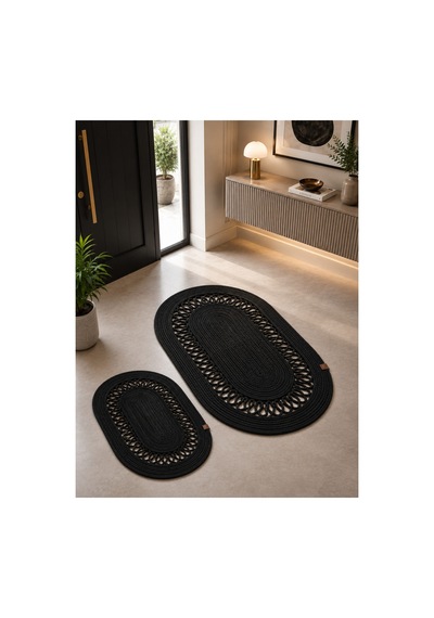 Oval Siyah Örgü Desenli Hasır 2'li Dekoratif Paspas Set 40x60 / 50x80 Siyah Siyah