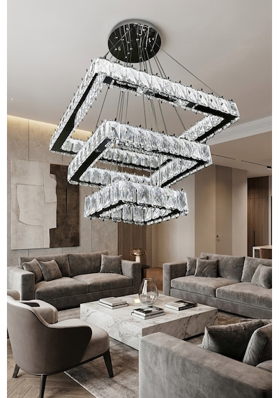 Kare 3 Kat Kristal Taşlı Modern Led Avize Salon & Oturma Odası Renkli