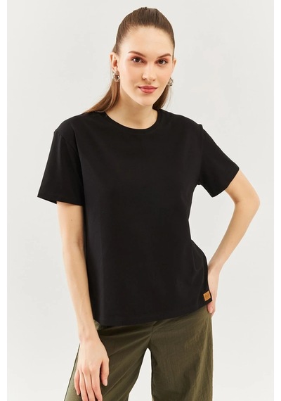 Kadın Rahat %100 Pamuklu Penye Bisiklet Yaka Kısa Kol Basic T-shirt SIYAH