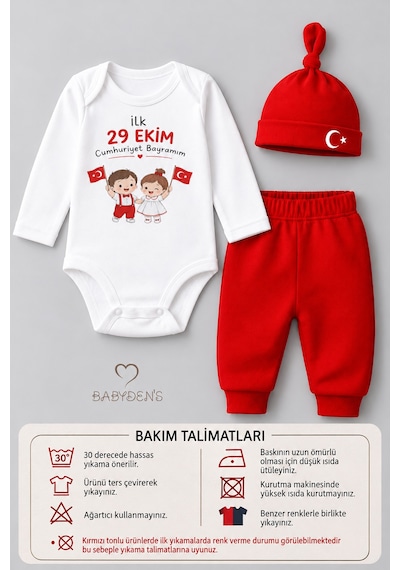 Babyden's İlk 29 Ekim Cumhuriyet Bayramım Baskılı 3'lü Bebek Takımı 100 Pamuk Uzun Kollu Çıtçıtlı Body Pantolon Bere Seti Beyaz - Kırmızı