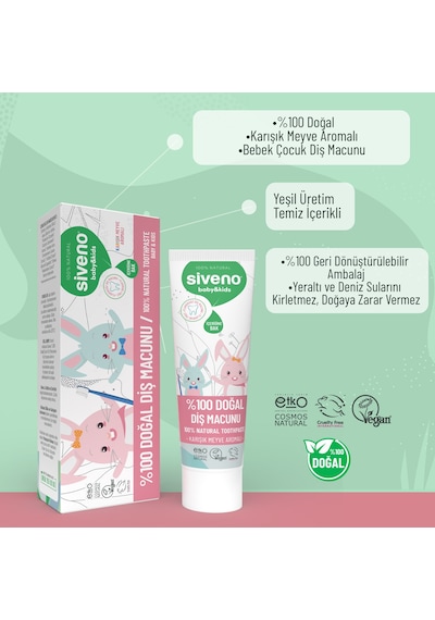 Siveno %100 Doğal Diş Macunu Bebek - Çocuk İçin Karışık Meyve Aromalı Florürsüz 50 ml