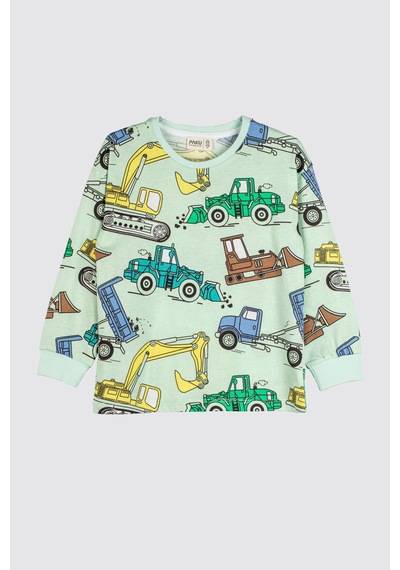Zuzunga Ekskavatör Desenli %100 Pamuk Erkek Çocuk Pijama Takımı Mint