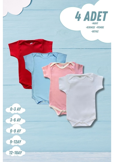 Betül Bebek Kısa Kollu 4'lü Organik Pamuk Çıtçıtlı Bebek Body & Zıbın Kırmızı,mavi,pembe,beyaz Çok Renkli