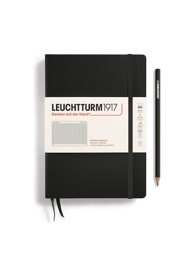 Leuchtturm1917 Not Defteri Orta Boy A5 , Sert Kapak, 251 Numaralandırılmış Sayfa, Kareli, Siyah