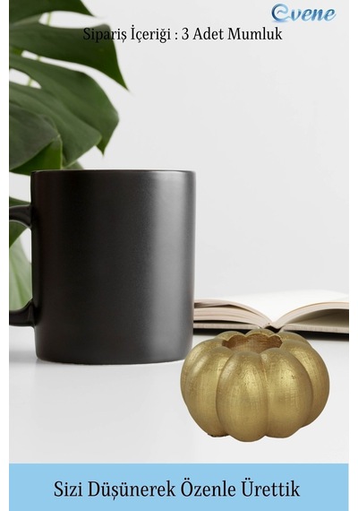 Eskitme Mumluk Şamdan 3 Adet Tealight Ve İnce Mum Uyumlu Kabak Model - Altın