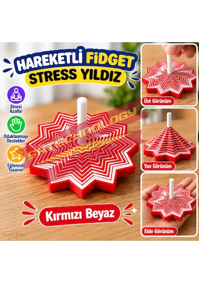 Hareketli Fidget Stress Yıldız Dönen Stres Oyuncağı, Dikkat Ve Odaklanma Oyuncağı Kırmızı-beyaz