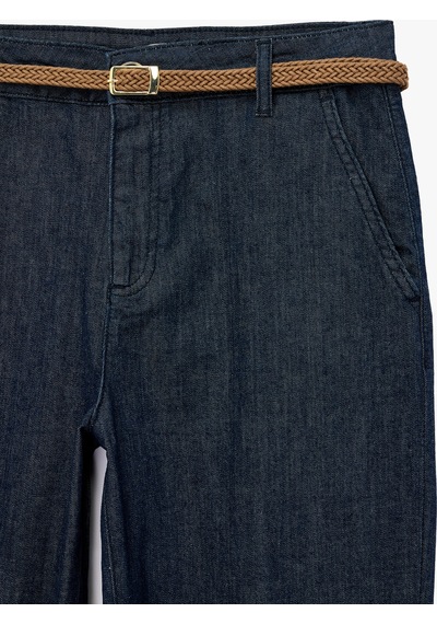 Koton Kemerli Yüksek Bel Rahat Kalıp Chino Denim Pantolon Koyu İndigo 7wal40049md Indigo