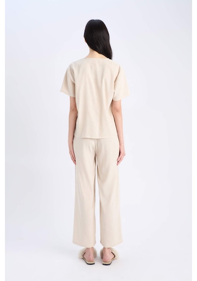 DeFacto Pijama Takımı Keten Kısa Kollu Üst Esnek Belli Alt-Fall in Love E3571AX25SPBG778