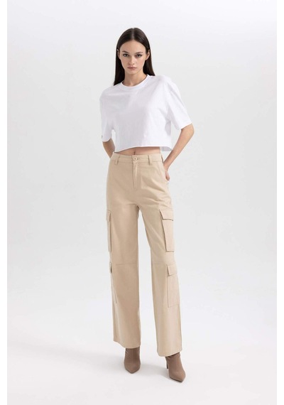 Defacto Coool Straight Fit Geniş Paça Yüksel Bel Kargo Cepli Gabardin Pantolon B1450ax23aubg159 Bej