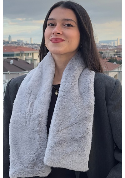 Mollycrush Peluş Yumuşak Soft Atkı Kışlık Suni Kürklü Gri Kadın Atkısı Gri
