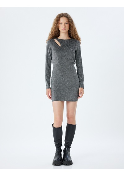 Koton Mini Elbise Pencere Detaylı Simli Uzun Kollu Slim Fit Gri 5wal80008ık