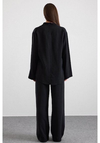 Olcay Degaje Yaka Oversize Pantolon Bluz İkili Takım Siyah 9483-tk