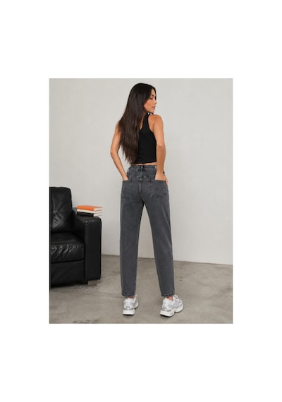 Bluemarlin Yüksek Bel Tam Kalıp Diz Lazer Yırtık Kar Siyah Mom Kot Pantolon Jeans Kar Siyah