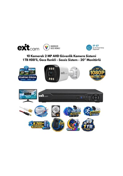 10 Kameralı 2 Mp Ahd Güvenlik Kamera Sistemi 1tb Hdd'li, Gece Renkli - Sessiz Sistem - 20 İnç Monitö