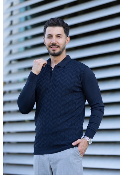 Hk Premium Erkek Triko Kazak Zikzak Desenli Polo Yaka Fermuarlı Slim Fit Lacivert