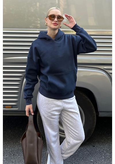 Lacivert Kapüşonlu Şardonlu Oversize Cepli Sweatshirt Mg2206