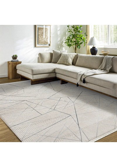 Bespoky Moda Geometrik Kabartmalı Salon Halısı Makine Dokuma Gri