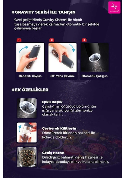 Primanova Gadget Gravity Paslanmaz Çelik Otomatik Tuz &  Karabiber Öğütücü Pilli