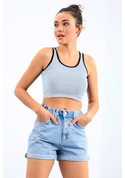 Tommy Life Gök Mavi Basic Sıfır Kol Dar Kalıp U Yaka Kadın Crop Top Atlet - 97162 Mavi