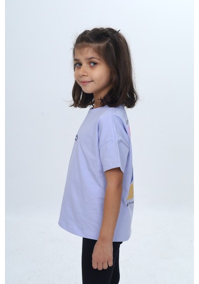Toontoy Kids Toontoy Kız Çocuk Baskılı Bisiklet Yaka Kısa Kollu Tişört 24977 Mavi