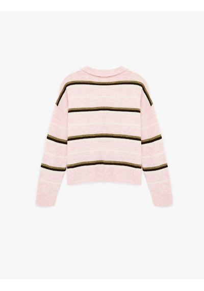 Koton Düğmeli Uzun Kollu Polo Yaka Çizgili Triko Kazak Pembe Çizgili 6sal90010ıt Pembe