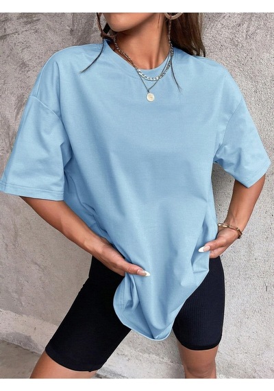Düz Basic T-shirt - Bebe Mavisi Oversize Bisiklet Yaka Kısa Kol Bebe Mavisi