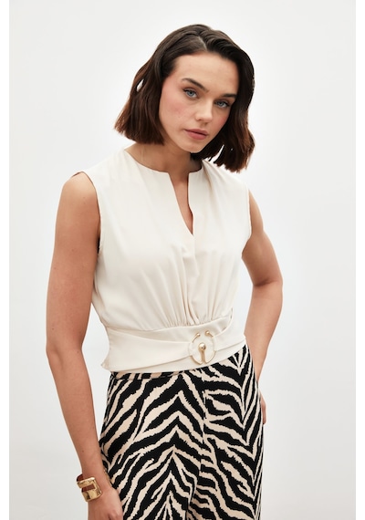 Sateen Toka Detaylı Kolsuz Bluz - Bej-134856